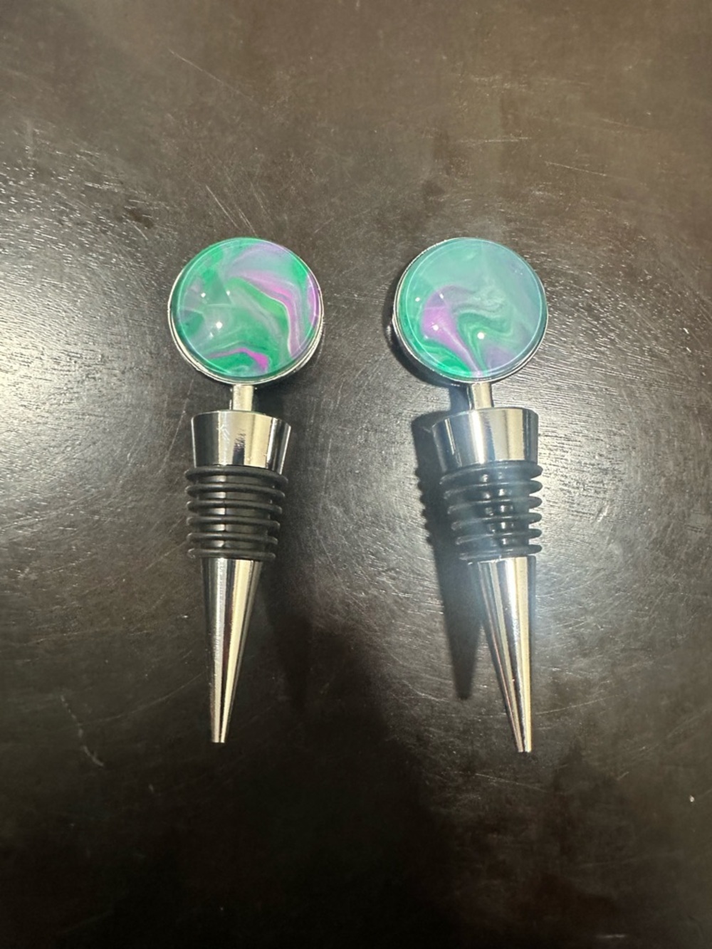 Hand Crafted Green and Purple Marble Wine Bottle Stoppers (Pair)